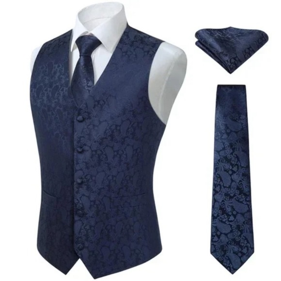 New 3PC Men's Paisley Floral Suit Vest Navy - Picture 2 of 8